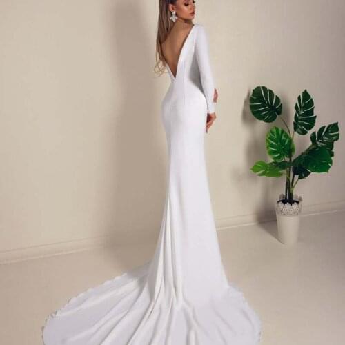 Elegant Satin White Backless Mermaid Wedding Dress for Women Romantic Long Sleeves Sweep Train Bridal Dress Vestidos De Novia