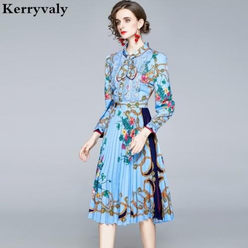 Robe Vintage Floral Printed Pleated Midi Dress Zomerjurk Dames 2021 Autumn Blue Long Sleeve Gothic Dress Sukienki Letnie K8628