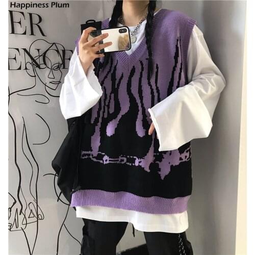Sleeveless Knitted Sweater Tank Women Vest Vintage Flame Jumper Harajuku Streetwear Casual Woman Man Gilet Korean Fashion