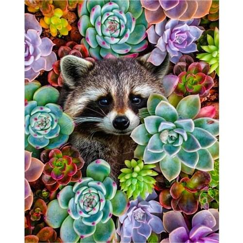 5D DIY Full Round Diamond Painting Succulent Plants 3D Embroidery Cute Raccoon Cross Stitch Rhinestone Mosaic Home Dector Y525