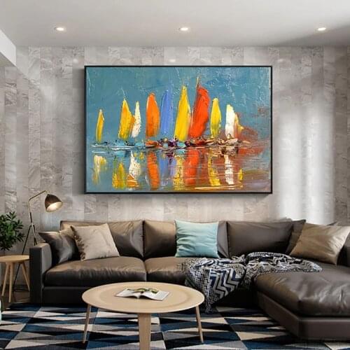 Handmade Abstract Oil Painting Wall Art Modern Minimalist Sailboat Seascape Picture Canvas Home Decor For Living Room No Frame