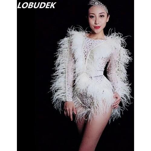 2019 Women Nightclub Costume White Pearls Crystals Feathers Sleeve Bodysuit Sexy Bar Party Singer Dancer Luxurious Stage Wear