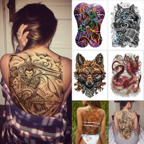 Full back large temporary tattoo stickers Wolf dragon Back body tattoos tiger koi Woman waterproof fake big tattoo 340*480mm