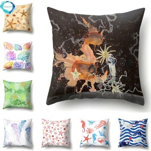 Sea Landscape Crab Seashell Seahorse Print Cushion Cover Polyester Throw Pillows Case Decorative Sofa Pillow Cover 45X45CM