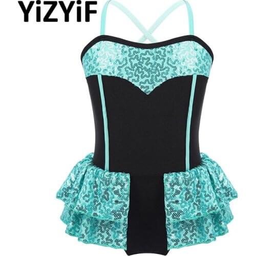Children Girls Shiny Sequins Dance Leotard Ballet Dress Spaghetti Shoulder Straps Modern Dance Latin Jazz Dance Costume Kids