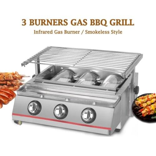 Gas BBQ Oven, 3 Liquefied Petroleum Gas Burners, Height Adjustable Shield/Glass Shield, Smokeless, Outdoor Picnic, Barbecue