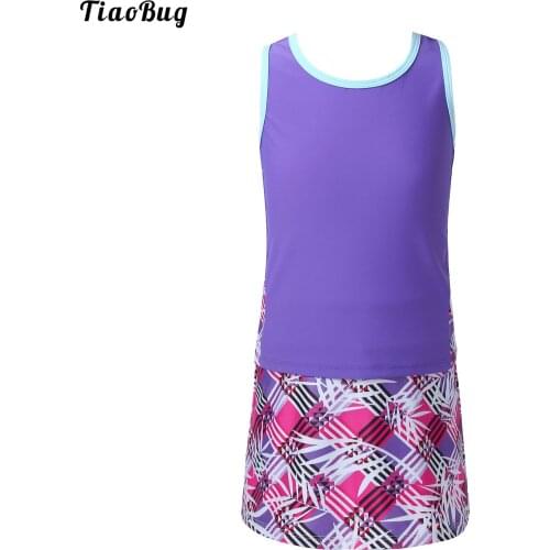 Summer Kids Girls 2Pcs Tennis Suit Round Neck Sleeveless T-Shirt Top And Skirt With Built-In Shorts Set For Running Gym Tennis