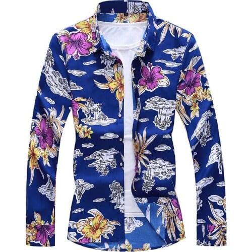 Men Brand Slim Fit Hawaii flower printed Dress shirt Chemise Homme male Casual Long Sleeve Shirts Mens Camisa Plus Size 7XL