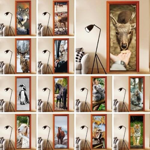 Lovely Wild Animals Door Stickers 3D Pvc Canvas Home Decor Self Adhesive Waterproof Mural Paper Print Art Picture for Bedroom