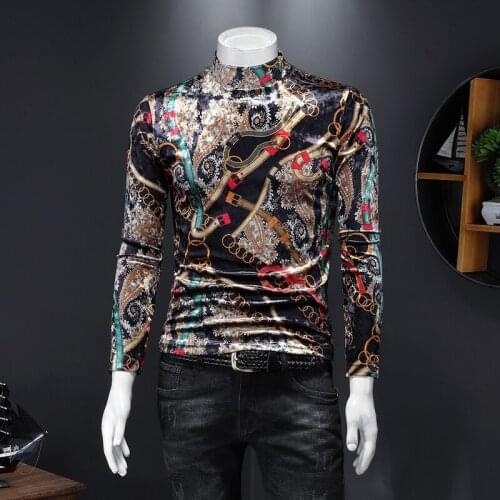 2020 autumn and winter trendy retro printed bottoming shirt fashion casual slim mens long-sleeved floral padded T-shirt