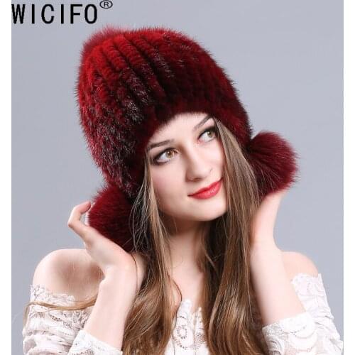Winter Autumn 100% Real Mink Fur Women Skullies Beanies Ear Cap Knit knitted Caps Elasticity Bonnet Hat RussianThick Girls Cap