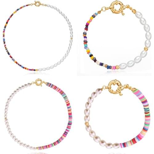 Boho Colorful Beaded Soft Pottery Necklace for Women Girils 2021 Fashion Simple Imitation Pearl Short Choker Necklaces Collar