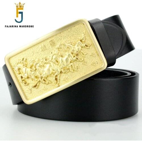 FAJARINA Quality Cowhide Genuine Leather 8 Horses Solid Brass Slide Buckle Metal Belts for Men Straps Can Use 10 Years NW0138
