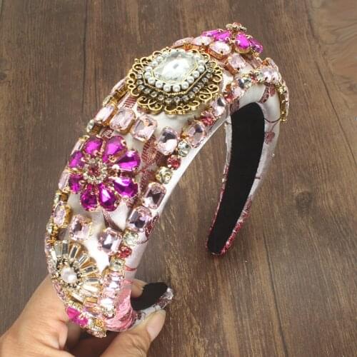 Luxury Bohemian Fashion Flower Headband Temperament Sponge Pink Crystal Rhinestones Hairband For Women Wedding Party Accessories