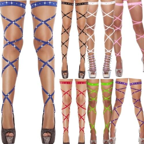 Sexy Women Lingerie Bandage Fishnet Stockings Thigh-High Crystal Studded Thigh High Leg Rave Wraps Strappy Rhinestone Tights