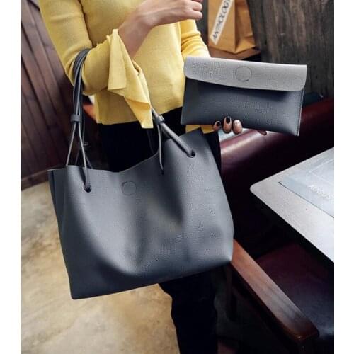 2021 new fashion plain big black tote handbag set of 2 women pink shopping bag lady grey brown clutch Solid color