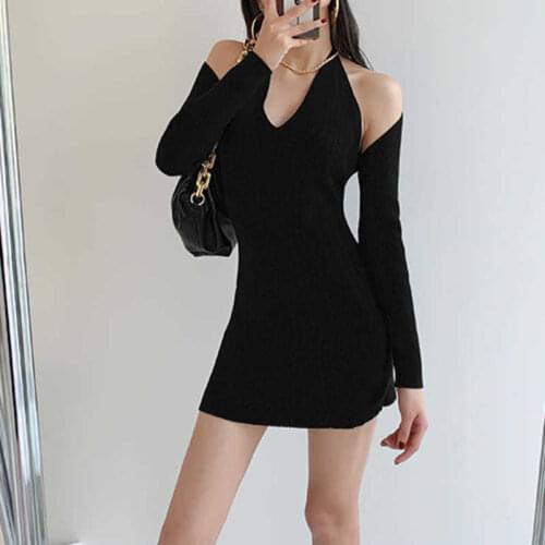 TVVOVVIN Spring Sexy Off Shoulder Long Sleeve Shawl Blouse + Skinny Package Hip Halter Dress Women Knitting Dresses Set Mu3w