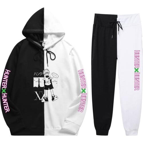2021 Street Unisex 2 Pieces Sets Anime Hunter X Hunter Print Summer Leisure Cool Patchwork Thin Hoodie+Patchwork Pants