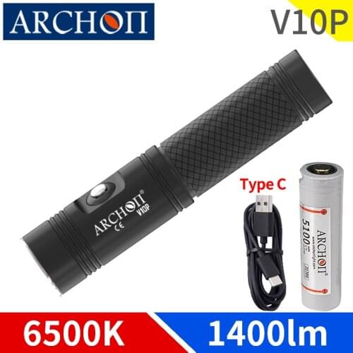 ARCHON V10P Diving Flashlight CREE 1400lm Type C 5V LED Chip Diving Light with 21700 5100mAh Underwater Dive Video