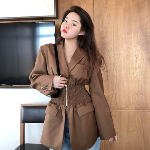 High Quality Ladies Brown Pleated Waist Plus Size Blazers Spring Autumn 2021 Women Lapel Long-sleeve Loose Suit Jacket Fashion