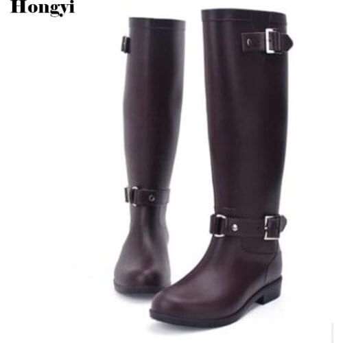 Women Tall Rain Boots Ladies Low Heels Waterproof Welly Boots Solid Buckle High Style Nubuck Rainboots 2018 New Fashion Design