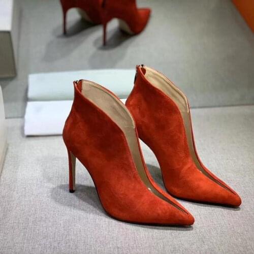 2021 Autumn Ankle Boots Women Pvc Transparent Splicing V-shaped Mouth Pointed High Heel Thin Heels Shoes Pumps Suede Short Boots
