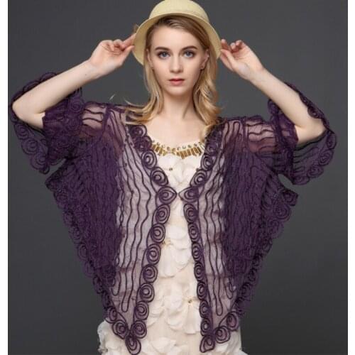 Vintage Gatsby Womens Lace Cardigan Big Size Flare Sleeve V Neck Thin Sheer Embroidery Mesh Striped Poncho Coat Spring