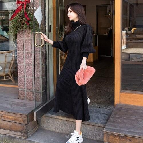 Winter 2020 New Korean Style Solid Color Slim Sweater Dress Fashion Knitted Turtleneck Lantern Sleeve Mermaid Dress + Sashes