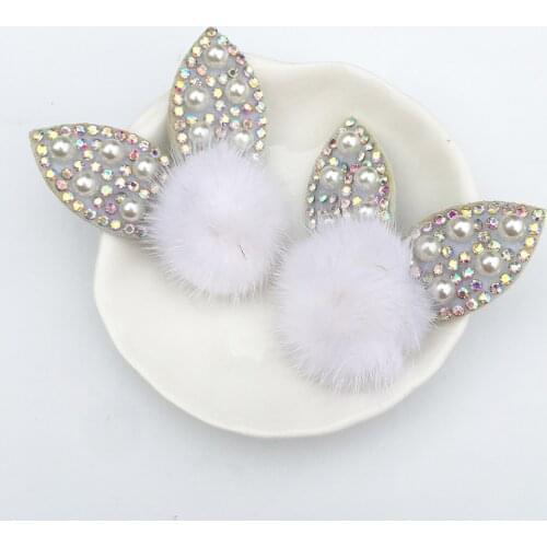 10Pcs Pearl Rhinestone Rabbit Cat Ears with Mink Fur Ball Patches DIY Gloves Shoes Clothes Bags Hat Hair Clips Accessories