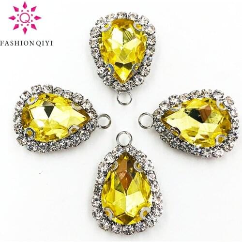 10x14mm/13X18mm Sliver bottom Light yellow teardrop Single hole Crystal button sew on rhinestones diy Clothing Accessories