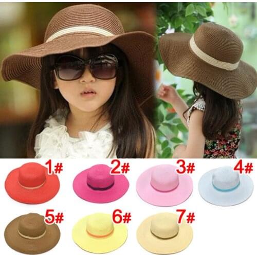 2014 Wholesale 7 colors summer Children solid Simple elegant large brimmed straw hat baby girls Beach Hats sun hat 10 pcs/lot