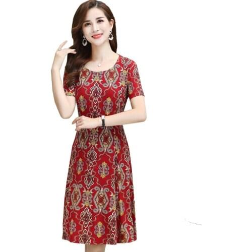 2021 Womens Summer Chiffon Dress Elegant Mother Dresses Short-Sleeved Red Vintage Female Sundress Printed Dress oversize 5XL