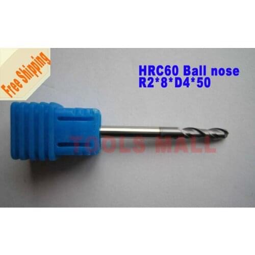 Free shipping - 5pcs 4mm 2 Flutes Ball nose Spiral Bit Milling Tools Carbide CNC Endmill Router bits hrc60 R2*8*D4*50