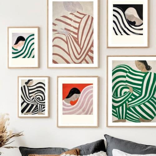 Abstract Line Curve Striped Clothes Woman Wall Art Print Canvas Painting Modern Nordic Poster Wall Picture For Living Room Decor