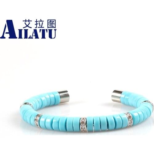 Ailatu Stainless Steel Circle Stringing Blue Glass Beads and Copper Spacer Micro Pave Cz Open Bracelets for Lovers