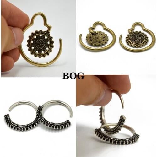 BOG-Pair Brass Vintage Garden Bloom Flower Bloom Dotted Hoops Earring Ear Hanger Ear Weights Piercing Jewelry