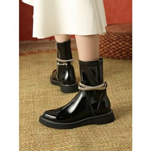 EshtonShero Modern Chelsea Boots Women Ankle Boots Chunky Winter Shoes Patent Leather Platform Motorcycle Boots Chunky Low Heel