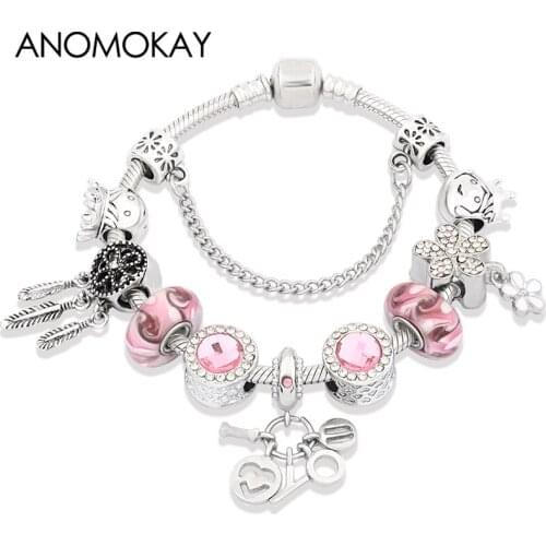 Silver Color I Love You Pendant Charm Bracelet DIY Flower Dream Catcher Princess Prince Bracelet Pink Crystal Bead Bracelet Gift