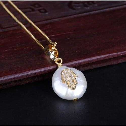 Tiny white cz paved fatimas hand hamsa luck protection charm freshwater pearl bead gold link chain pendant necklace for women