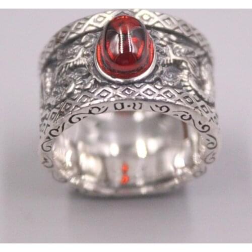 Pure 925 Sterling Silver And Garnet Ring Width 14mm Two Dragons Chase Ball US Size 8-12 For Man