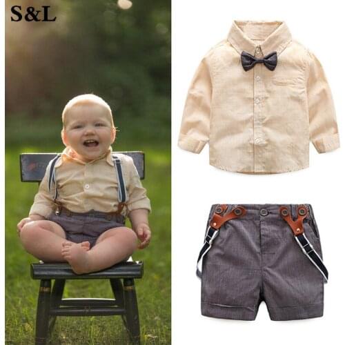 Baby suit 2019 summer new boy gentleman suit childrens solid color shirt strap pants two sets
