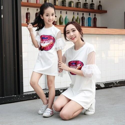 Mom Girls Long Tshirt Mother Daughter Sequin Flare Sleeve T-shirt 2019 Mommy Girl Matching Twinning Tops Family Look Outfits