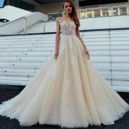 Champagne Scoop Neck Applique Lace Backless Wedding Dresses Cap Sleeves Sexy Open Back Court Train A-line Wedding Gowns