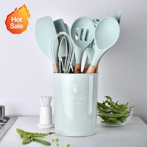 9/10/12PC Kitchen Accessories Silicone Cooking Utensils Set Non-stick Spatula Shovel Wooden Handle Cooking Set Kitchen Tools Hot