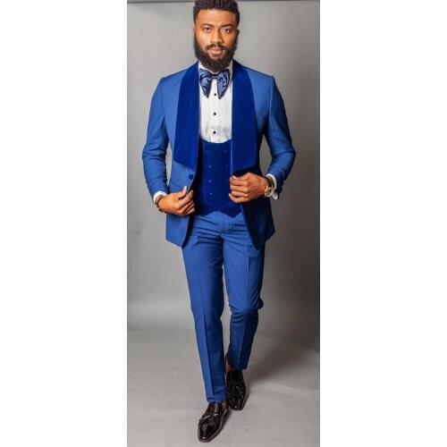 Jacket+Pants+Vest) Fashion Blue With Velvet Shawl Lapel One Button Wedding Man Suit 3 Piece Formal Man Blazer Custom Made