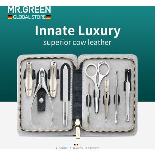 MR.GREEN Manicure Set Surgical Grade Scissors Stainless nail clipper Kit full grain cow leather package Pedicure Innate Luxury