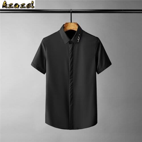 Azazel Solid Color Mens Shirts Luxury Metal Decoration Short Sleeve Mens Dress Shirts Fashion Slim Fit Male Shirts Plus Size 4XL