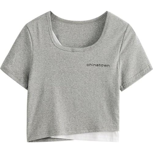 2021 Summer New Womens T-Shirt Trend Fake Two Short Sleeve T-Shirt Design Korean Version Sweet Cool High Waist Short Top C041