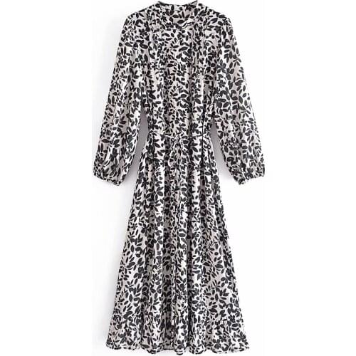 New Women Vogue With Bandage Single Breasted Printed Midi Shirt Dress Long Sleeves O-Neck Vintage Female Dresses Woman Robe