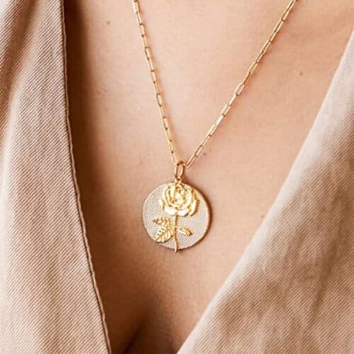 New Birth Month Flower Pendant Necklaces For Women Gold Color Embossed Disk Coin Necklace Femme Personality Jewelry Gift